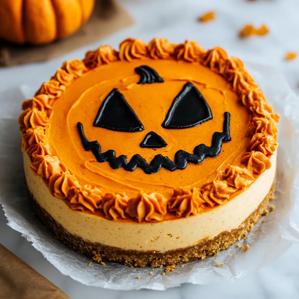 Festive Jack-O'-Lantern Pumpkin Cheesecake with Spiced Graham Crust and Cream Cheese Frosting - main view